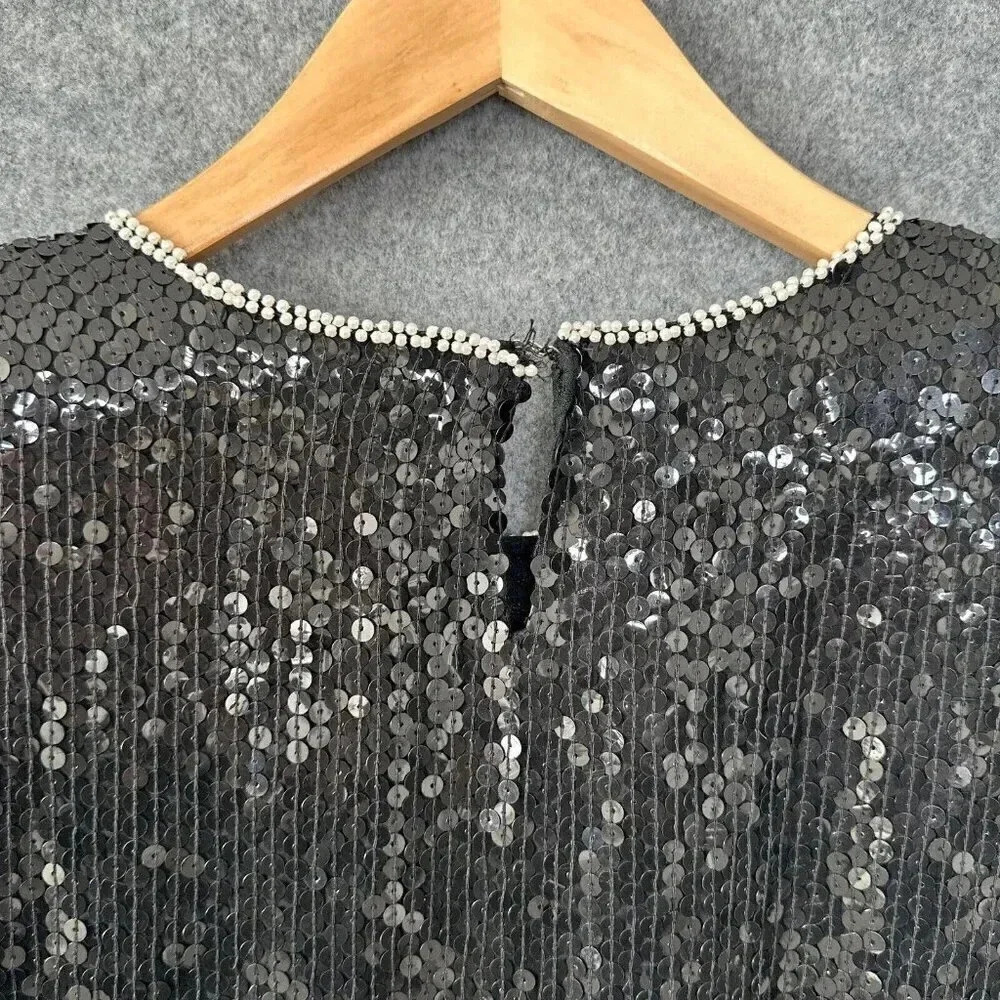 Vintage Sarin Sequin Top Womens S / M Beaded Black Silver Floral Silk 80s Blouse - Picture 10 of 15